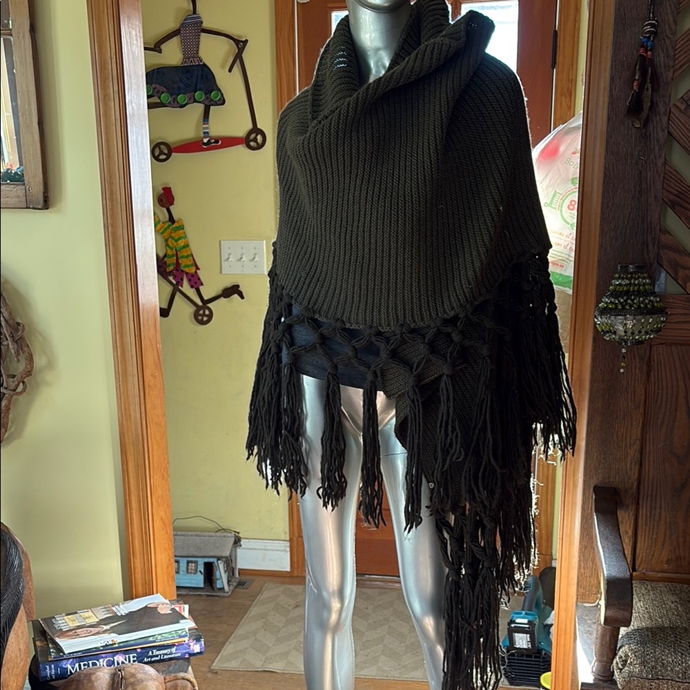 Nordstrom’s, made in Italy Green Knit Fringe Poncho/ scarf/ wrap.